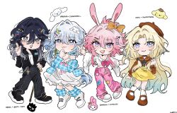  1boy 3girls alternate_costume animal_ears ashveil_(honkai:_star_rail) badtz-maru black_hair blonde_hair blue_eyes bright_pupils checkered_clothes chibi cinnamoroll commentary dress english_commentary evanescia_(honkai:_star_rail) fins full_body gradient_hair grey_eyes hair_ornament head_fins highres honkai:_star_rail honkai_(series) hyastelle jacket long_hair multicolored_hair multiple_girls my_melody off_shoulder open_clothes pants pearl_(honkai:_star_rail) pink_hair pompompurin rabbit_ears sanrio shirt short_hair smile socks two-tone_dress v very_long_hair violet_eyes white_hair yao_guang_(honkai:_star_rail) 