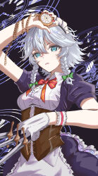  1girl absurdres apron arm_up between_fingers blue_dress blue_eyes bow braid breasts buttons collared_shirt commentary_request dress fingernails frilled_cuffs frilled_skirt frills gloves green_bow grey_hair hair_between_eyes highres holding holding_knife holding_pocket_watch izayoi_sakuya knife looking_at_viewer maid_apron maid_headdress medium_breasts nail_polish neck_ribbon parted_lips pocket_watch puffy_short_sleeves puffy_sleeves red_nails red_ribbon ribbon shirt short_hair short_sleeves single_glove single_wrist_cuff skirt solo touhou twin_braids underbust upper_body user_szhe7573 waist_apron watch white_apron white_gloves white_headdress white_shirt white_wrist_cuffs wrist_cuffs 