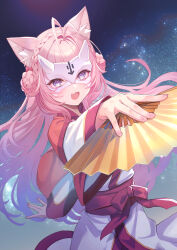  1girl animal_ear_fluff animal_ears antenna_hair blush braid commentary_request cosplay_request fingernails folding_fan hair_bun hakui_koyori half_mask hand_fan highres holding holding_fan hololive japanese_clothes krn_udn long_hair mask nail_polish oni_mask open_mouth pink_hair pink_nails smile solo utawarerumono very_long_hair violet_eyes virtual_youtuber wolf_ears wolf_girl 