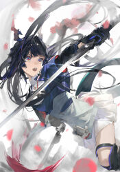  1girl arknights arknights:_endfield black_gloves black_sleeves blue_eyes blue_jacket blue_shirt chen_qianyu_(arknights) chinese_commentary commentary_request dragon_girl dragon_horns dragon_tail gloves high-waist_skirt highres holding holding_sword holding_weapon horns jacket long_hair looking_to_the_side open_clothes open_jacket open_mouth revo1917 shirt skirt solo sword tail twintails weapon white_skirt 