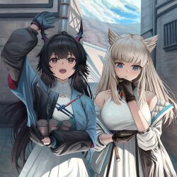  2girls :d absurdres arknights arknights:_endfield arm_up black_eyes black_gloves black_hair blonde_hair blue_eyes blue_gloves blue_jacket breasts can chen_qianyu_(arknights) closed_mouth commentary day dress drink drink_can english_commentary gloves hand_on_own_chin highres holding holding_drink horns jacket long_hair medium_breasts mixed-language_commentary multiple_girls off_shoulder open_mouth perlica_(arknights) sleeveless sleeveless_dress smile teeth thinking twckb upper_teeth_only white_dress white_jacket yellow_pupils 