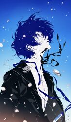  black_jacket blue_background cherry_blossoms commentary_request digital_walkman earphones_removed falling_petals floating_hair gekkoukan_high_school_uniform gradient_background gradient_sky highres jacket jing_zhi_kaoxiang_yu_re_zhong long_sleeves looking_up mp3_player neck_ribbon persona persona_3 petals ribbon school_uniform shirt sky white_shirt yuuki_makoto_(persona_3) 