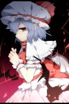  1girl ascot bat bat_wings blouse blue_hair bow brooch cowboy_shot frills hands_together hat hat_bow highres jewelry letterboxed looking_at_viewer mob_cap nejime open_mouth profile red_eyes remilia_scarlet sash short_hair skirt skirt_set solo touhou wings wrist_cuffs 