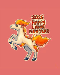  2026 artist_name chinese_new_year chinese_zodiac dotted_line english_text fire highres luthryll no_humans pokemon pokemon_(creature) ponyta rearing red_background simple_background solo white_fur year_of_the_horse 