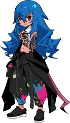  1girl arm_tattoo baggy_pants belt black_belt black_jacket black_pants black_shoes blue_hair bright_pupils can clothes_around_waist eyeshadow finger_tattoo graffiti guernica_(p5t) hand_tattoo highres hip_tattoo jacket jacket_around_waist long_hair loose_belt makeup mouse_tail official_art oribe_hanako paint_on_clothes paint_splatter pants persona persona_5 persona_5_tactica pink_pupils red_eyes shirt shoes sleeveless sleeveless_shirt solo spoilers spray_can spray_paint tail tank_top tattoo tattoo_sleeve transparent_background very_long_hair wavy_hair white_tank_top 