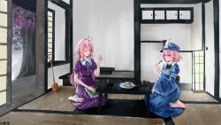  2girls absurdres ahoge barefoot black_bow black_bowtie blue_hat blue_kimono book bow bowtie character_request cherry_blossoms chinese_commentary commentary_request copyright_request crossover dango dress eating food frilled_sleeves frills hat highres japanese_clothes kimono long_hair long_sleeves mob_cap multiple_girls one_eye_closed open_mouth pink_eyes pink_hair purple_dress saigyouji_yuyuko sanshoku_dango seiza sitting sleeve_garter socks tatami toes touhou triangular_headpiece very_long_hair wagashi white_socks wide_sleeves xiaoxijino yellow_eyes 