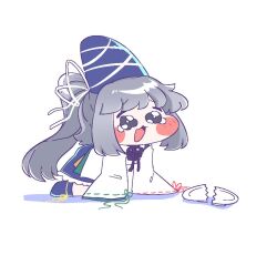  1girl all_fours black_skirt blue_hat blush broken_plate chibi frilled_skirt frills full_body grey_hair hashtag-only_commentary hat japanese_clothes kariginu long_hair long_sleeves meme mononobe_no_futo open_mouth plate pleading_eyes ponytail priswocaer ribbon-trimmed_sleeves ribbon_trim simple_background skirt solo speakiposting_(meme) tate_eboshi touhou white_background 