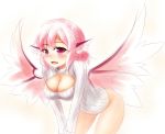  1girl alternate_costume animal_ears ayatori_(aytr) blush breasts cleavage cleavage_cutout fang highres large_breasts looking_at_viewer mystia_lorelei naked_sweater open-chest_sweater open_mouth pink_eyes pink_hair ribbed_sweater short_hair simple_background smile solo sweater touhou turtleneck turtleneck_sweater wings 