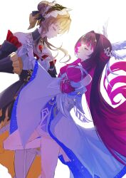  2girls bare_shoulders black_bow black_collar black_hair black_sleeves bonnet bow braid brown_hair bun_with_braided_base closed_eyes closed_mouth collar columbina_(genshin_impact) commentary_request detached_collar detached_sleeves dress eye_mask facing_another frilled_sleeves frills gem genshin_impact gloves hair_bun hair_intakes hair_ribbon head_wings highres holding_hands iragashi_m_m long_hair mask multicolored_hair multiple_girls pink_hair red_gem ribbon sandrone_(genshin_impact) simple_background streaked_hair two-tone_hair very_long_hair white_background white_dress white_gloves white_ribbon white_wings wings 