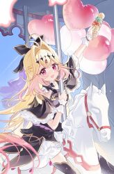  1girl 762807438 absurdres antenna_hair black_bow black_dress black_necktie blonde_hair bow braid brooch commentary_request cure_arcana_shadow dress earrings food gloves gradient_hair hair_between_eyes hair_intakes hair_ornament half_up_braid heart heart_brooch highres holding holding_ice_cream_cone ice_cream ice_cream_cone jewelry long_hair looking_at_viewer magical_girl meitantei_precure! moria_luluka multicolored_hair necktie pink_eyes pink_hair precure purple_thighhighs purple_veil solo thigh-highs thighs veil wand white_gloves 