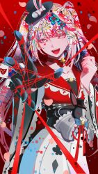  1girl :d absurdres animal_hat bell black_gloves black_hat bow bow_choker braid choker clothing_cutout collarbone commentary diamond_(shape) diamond_facial_mark eyelashes facial_mark falling_petals gloves hand_up hat hat_bow heart heart_facial_mark highres honkai:_star_rail honkai_(series) jingle_bell long_hair long_sleeves looking_at_viewer mini_hat mini_top_hat open_mouth outstretched_arm petals pink_background pink_petals rabbit_hat red_choker red_ribbon red_sailor_collar red_shirt ribbon sailor_collar shirt single_glove skirt smile solo spade_hat_ornament sparkle_(honkai:_star_rail) sparxie_(honkai:_star_rail) string syakemayusan teeth top_hat twin_braids twintails upper_body upper_teeth_only white_bow white_hair white_skirt wide_sleeves 