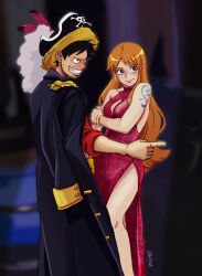  1boy 1girl alternate_costume artist_name bangle bare_legs bare_shoulders black_coat black_hair blurry blurry_background bracelet breasts brown_eyes cleavage_cutout closed_mouth clothing_cutout coat coat_on_shoulders commentary dress earrings english_commentary epaulettes feet_out_of_frame grin hat hat_feather highres jewelry jolly_roger long_hair looking_to_the_side medium_breasts monkey_d._luffy nami_(one_piece) one_piece orange_hair pirate_hat pointing red_dress red_shirt shirt shoulder_tattoo side_slit smile standing straw_hat tattoo wavy_hair zantinaa 