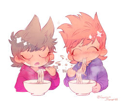  2boys ^_^ animification antenna_hair bandage_on_cheek blush bowl brown_hair chibi chibi_only chopsticks closed_eyes commentary dated_commentary drawstring eating eddsworld fewer_digits flipped_hair food gyuuum_planet99 hair_behind_ear hair_ears holding holding_chopsticks hood hood_down hoodie long_sleeves male_focus matt_(eddsworld) multiple_boys noodles open_mouth orange_hair purple_hoodie red_hoodie short_hair simple_background slurping smile spiky_hair swept_bangs tord_(eddsworld) u_u udon untranslatable_commentary white_background 