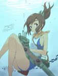  1girl bare_shoulders brown_eyes brown_hair dark_skin dated fish hair_ornament high_ponytail i-401_(kantai_collection) kantai_collection looking_at_viewer machinery pureji_oshou sailor_collar school_swimsuit solo swimsuit swimsuit_under_clothes twitter_username underwater 