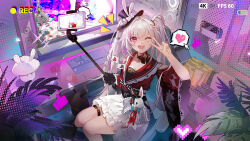  1girl battery_indicator black_gloves black_hat braid cellphone charm_(object) chinese_commentary commentary_request computer_keyboard cursor diamond_(shape) diamond_facial_mark facial_mark gloves grey_hair hat heart heart_facial_mark highres holding holding_stick honkai:_star_rail honkai_(series) indoors long_hair looking_at_viewer mark_under_both_eyes mini_hat mini_top_hat monitor nintendo_switch notice_lines one_eye_closed open_mouth phone pink_eyes pixel_heart pixelated recording selfie_stick single_glove sitting skirt solo sparkle_(honkai:_star_rail) sparxie_(honkai:_star_rail) stick thumbs_up top_hat upper_body v v_over_eye very_long_hair white_skirt yuyullllo 