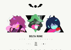  1boy 1girl 1other amamoma anniversary antenna_hair apple armlet black_hair blue_skin closed_eyes closed_mouth colored_skin colored_teeth copyright_name cup deltarune fangs food freckles fruit furry furry_male green-framed_eyewear green_hat grin hair_over_eyes hat highres holding holding_cup holding_food holding_fruit jewelry kris_(dark_world)_(deltarune) kris_(deltarune) long_hair looking_at_viewer no_eyes open_mouth purple_hair purple_skin ralsei ralsei_(hat) shaded_face sharp_teeth short_hair simple_background skin_fangs smile spiked_armlet susie_(dark_world)_(deltarune) susie_(deltarune) teacup teeth utdr_(toby_fox) white_background yellow_teeth 