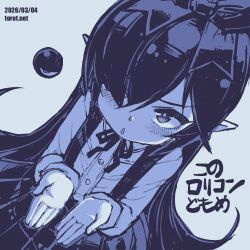  1girl ;o backbeako_(torotei) backbeard blue_background blue_theme blush bow collared_shirt commentary cupping_hands dated dated_commentary dutch_angle gegege_no_kitarou hair_bow hair_down hair_over_one_eye kono_lolicon_domome long_hair long_sleeves looking_at_viewer monochrome neck_ribbon one_eye_closed original own_hands_together paid_reward_available parted_lips pleated_skirt pointy_ears ribbon shirt simple_background skirt solo suspender_skirt suspenders torotei translated upper_body variant_set very_long_hair web_address 