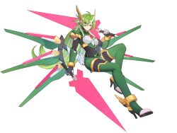  1girl absurdres adapted_costume alternate_costume alternate_hairstyle armor armored_boots assault_visor belt body_armor bodysuit boots breasts chest_jewel commission commissioner_upload covered_navel dual_wielding energy_sword eyelashes facial_mark forehead_jewel full_body gauntlets genderswap genderswap_(mtf) gloves green_eyes green_hair helmet high_heel_boots high_heels highres holding long_bangs long_hair mechanical_ears mechanical_wings mega_man_(series) mega_man_zero_(series) missing_headwear multicolored_hair non-web_source sage_harpuia_(mega_man) shorts shoulder_armor small_breasts solo sword thigh_boots thighs transparent_background two-tone_hair uta_guipiy weapon white_hair winged_helmet wings 