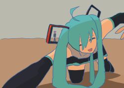  2girls :d absurdres ahoge aqua_hair aqua_necktie black_sleeves black_thighhighs closed_eyes detached_sleeves drill_hair hatsune_miku highres horizon kasane_teto kneeling long_hair multiple_girls necktie no_nose red_hair sattou smile solo_focus thigh-highs twin_drills twintails utau vocaloid 