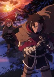  1girl 2boys absurdres armor belt blonde_hair bodysuit breastplate brooch cloak cropped_legs fiery_hair forbartz_xylo freckles full_body fur_trim hair_ornament hairpin highres jewelry key_visual long_hair luzulas_dotta mountainous_horizon multicolored_hair multiple_boys multiple_hairpins official_art open_mouth outdoors pink_hair promotional_art proud red_cloak scar scar_across_eyebrow scar_on_face short_hair snow streaked_hair sunset teoritta white_streaks yuushakei_ni_shosu 