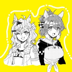  2girls ahoge animal_ears blush breasts commentary cropped_jacket cropped_torso dantsu_flame_(center_spotlight)_(umamusume) dantsu_flame_(umamusume) ear_covers earrings greyscale_with_colored_background hair_ornament hooded_shrug horse_ears horse_girl jacket jewelry jungle_pocket_(champion's_battle_cry)_(umamusume) jungle_pocket_(umamusume) large_breasts long_sleeves looking_at_viewer multicolored_hair multiple_girls one_eye_closed open_clothes open_jacket open_mouth ponytail sanayama_(thou_uoht) short_hair shrug_(clothing) sidelocks streaked_hair umamusume untranslatable_commentary yellow_background 