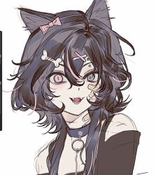  1girl animal_ear_fluff animal_ears bags_under_eyes bandaid bandaid_on_face bandaid_on_neck bare_shoulders black_collar black_hair black_shirt bone_hair_ornament bow cat_ears cat_girl collar crossed_bandaids degrees_of_lewdity double-parted_bangs empty_eyes eyebrow_piercing face_piercing fang fluffy_hair freesia_quan grey_eyes hair_between_eyes hair_bow hair_ornament heterochromia highres long_hair long_sleeves looking_at_viewer messy_hair multicolored_hair o-ring_collar open_mouth original piercing pink_bow pink_eyes pink_streaks player_character_(degrees_of_lewdity) player_character_(female)_(degrees_of_lewdity) portrait procreate_(medium) procreate_(software) scar scar_on_neck screenshot shirt simple_background slit_pupils smile solo streaked_hair unfinished white_background wolf_cut x_hair_ornament 