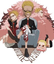  1boy armchair black_gloves black_shirt blonde_hair capri_pants chair character_name chibi coat collared_shirt commentary_request crossed_legs donquixote_doflamingo earrings english_text gloves grin jewelry male_focus necktie one_piece pants pink_coat red_necktie red_suit shirt short_hair sitting smile suit sunglasses variations wanio_315 
