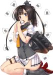  1girl akasaai akizuki_(kantai_collection) black_hair blue_eyes eating food headband kantai_collection microskirt onigiri ponytail school_uniform seiza serafuku sitting skirt torpedo 