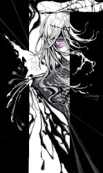  1boy abstract absurdres arknights black_border border chinese_commentary covered_mouth cracked_skin facing_viewer greyscale hair_between_eyes highres long_hair long_hair_between_eyes male_focus melting mitterfly monochrome pillarboxed pointy_ears scales shalem_(arknights) signature slit_pupils snake_boy solo split_crop spot_color straight-on string upper_body violet_eyes white_background 