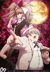  1boy 1girl black_boots black_shirt blonde_hair blue_eyes boots bow calendar_(medium) closed_mouth collared_shirt cosplay danganronpa:_trigger_happy_havoc danganronpa_(series) danganronpa_2:_goodbye_despair eating enoshima_junko enoshima_junko_(cosplay) eyelashes fat fat_man food food_bite food_on_face food_request freckles full_moon glasses hair_bow hair_ornament highres holding ikusaba_mukuro iwamoto_tatsurou jacket leaning_on_person long_hair long_sleeves monokuma moon official_art open_clothes open_jacket open_mouth outstretched_arm pointing polka_dot_necktie rabbit_hair_ornament red_skirt scan september shirt short_hair skirt spoilers teeth third-party_source togami_byakuya_(danganronpa_2) trait_connection twintails two-tone_bow upper_teeth_only white-framed_eyewear white_jacket white_shirt 