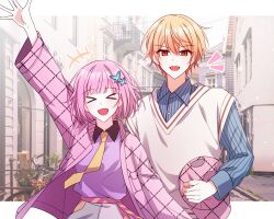  >_< +++ 1boy 1girl ai_harusari arm_up balcony baseball_cap bicycle butterfly_hair_ornament buttons collared_shirt facing_viewer hair_between_eyes hair_ornament hashtag-only_commentary hat holding holding_unworn_clothes holding_unworn_hat jacket layered_clothes looking_at_viewer necktie notice_lines official_alternate_costume ootori_emu open_clothes open_hand open_jacket open_mouth orange_eyes orange_hair outdoors outstretched_arm pink_hair pink_hat pink_jacket pink_shirt project_sekai shirt short_hair smile sweater_vest tenma_tsukasa unworn_hat unworn_headwear v-neck window wing_collar yellow_necktie 