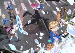  6+girls absurdres aikawa_megumi asakura_karen_(heaven_burns_red) black_hair blonde_hair brown_hair commentary_request dual_wielding greatsword gun heaven_burns_red highres holding holding_gun holding_scythe holding_sword holding_weapon izumi_yuki_(heaven_burns_red) kayamori_ruka kunimi_tama long_hair multiple_girls pink_hair purple_hair red_eyes scythe short_hair sword toujou_tsukasa user_zfac2483 weapon 