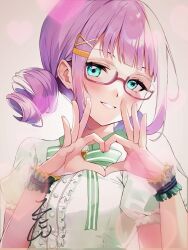  1girl angel_maker aqua_eyes blush bow bowtie center_frills commentary drill_hair four-finger_heart_hands frilled_shirt frilled_wrist_cuffs frills glasses green_bow green_bowtie green_shirt green_wrist_cuffs hair_ornament hairclip hands_up heart heart_hands heaven_burns_red highres higuchi_seika higuchi_seika_(blossoming_experience) idol idol_clothes looking_at_viewer medium_hair official_alternate_costume parted_lips puffy_short_sleeves puffy_sleeves purple_hair red-framed_eyewear semi-rimless_eyewear shirt short_sleeves smile solo twin_drills upper_body wrist_cuffs 