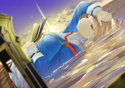  1girl absurdres arm_on_own_head beach brown_hair commentary_request crying hand_on_own_stomach heaven_burns_red highres kayamori_ruka littleparker lying lying_on_water necktie on_back red_eyes school_uniform short_hair streaming_tears sword tears weapon 