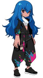  1girl baggy_pants belt black_belt black_jacket black_pants black_shoes blue_hair breasts bright_pupils can dark-skinned_female dark_skin graffiti guernica_(p5t) hair_between_eyes jacket long_hair loose_belt medium_breasts mouse_tail navel official_art open_clothes open_jacket oribe_hanako paint_on_clothes paint_splatter paintbrush pants persona persona_5 persona_5_tactica pink_pupils red_eyes shirt shoes sleeveless sleeveless_shirt solo spoilers spray_can spray_paint tail tank_top transparent_background trim_brush very_long_hair wavy_hair white_tank_top 