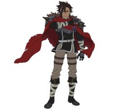  1boy arm_armor armor artist_request bandages belt black_boots black_gloves boots breastplate brooch brown_hair clawed_gauntlets cloak closed_mouth dark-skinned_male dark_skin ear_piercing earrings forbartz_xylo frown full_body fur_trim gloves highres hoop_earrings jewelry knee_boots knife_sheath leather_strap looking_at_viewer multicolored_hair official_art pauldrons piercing red_cloak scar scar_across_eyebrow scar_on_face sheath sheathed short_hair shoulder_armor solo spiky_hair standing streaked_hair tan torn_cloak torn_clothes transparent_background unsheathing weapon white_streaks yuushakei_ni_shosu 