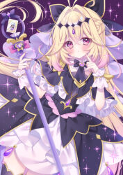 1girl antenna_hair black_bow black_dress black_necktie blonde_hair bow braid brooch commentary cure_arcana_shadow dress earrings finger_to_cheek gloves gradient_hair hair_between_eyes hair_intakes hair_ornament half_up_braid heart heart_brooch highres holding holding_rod jewelry long_hair looking_at_viewer magical_girl meitantei_precure! moria_luluka multicolored_hair necktie pink_eyes pink_hair precure purple_nails purple_thighhighs purple_veil puu_(kari---ume) rod solo tear_arcana_rod thigh-highs thighs untranslatable_commentary veil wand white_gloves