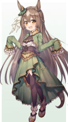  1girl :d absurdres aged_down animal_ears ascot black_ascot black_corset black_thighhighs boots braid brown_eyes brown_hair commentary_request corset dress ear_ornament frilled_sleeves frills full_body green_background green_dress highres horse_ears horse_girl horse_tail long_sleeves open_mouth pizza_(pizzania_company) satono_diamond_(natural_brilliance)_(umamusume) satono_diamond_(umamusume) sleeves_past_fingers sleeves_past_wrists smile solo tail teeth thigh-highs umamusume upper_teeth_only white_boots 