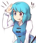  ! !! 1girl :p blue_hair heterochromia looking_at_viewer salute short_hair smile solo spoken_exclamation_mark tatara_kogasa tongue tongue_out touhou wool_(miwol) 