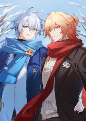  2boys absurdres antenna_hair arm_tattoo bare_tree black_sweater blonde_hair blue_coat blue_eyes blue_scarf blue_sky braid character_pin chest_tattoo coat collared_shirt commentary facial_tattoo gradient_hair highres honkai:_star_rail honkai_(series) male_focus medium_hair multicolored_hair multiple_boys mydei_(fig_stew)_(honkai:_star_rail) mydei_(honkai:_star_rail) official_alternate_costume open_clothes open_coat parted_bangs phainon_(honkai:_star_rail) phainon_(luckin_coffee)_(honkai:_star_rail) phainon_(vigethos)_(honkai:_star_rail) red_hair red_scarf red_tattoo scarf shirt short_hair side_braid sky snow snow_on_tree sweater tattoo tree turtleneck turtleneck_sweater untranslatable_commentary white_hair white_shirt white_sweater xiran727 yellow_eyes 