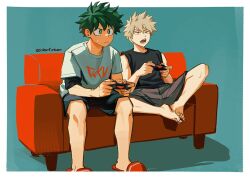  2boys bakugou_katsuki barefoot black_shirt blonde_hair boku_no_hero_academia border character_name controller couch freckles game_controller grey_shorts holding holding_controller holding_game_controller male_focus midoriya_izuku multiple_boys on_couch outside_border playing_games red_eyes shirt short_hair shorts sitting sleeves_rolled_up slippers spiky_hair twitter_username white_border yeol2510 