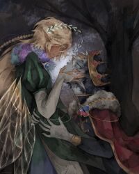  2boys blue_eyes blue_skin blush braid cape closed_mouth colored_skin cookie_run cookie_run:_kingdom crown dark-skinned_male dark_skin facial_tattoo fairy_wings flower frown fur_trim gloves highres hydrangea implied_yaoi laurel_crown long_sleeves looking_at_another male_focus multicolored_hair multiple_boys noxnoeyx outdoors pants personification pointy_ears puffy_long_sleeves puffy_sleeves pure_vanilla_cookie pure_vanilla_cookie_(viridescent_daydream) shadow_milk_cookie_(an_ad-lib_ending) short_hair signature smile tattoo tree white_gloves white_hair white_pants wings 