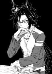  1girl air_shakur_(umamusume) animal_ears bespectacled black_background board_game closed_mouth collarbone commentary_request ear_piercing glasses greyscale highres holding_shogi_piece horse_ears horse_girl horse_tail jacket karate_(karatedazey) long_hair long_sleeves monochrome parted_bangs piercing shogi shogi_piece solo tail tracen_training_uniform umamusume upper_body 