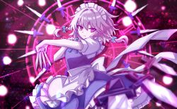  1girl apron bare_arms between_fingers blue_dress bow braid commentary_request cowboy_shot dress frilled_apron frills green_bow green_ribbon grey_hair hair_between_eyes hair_bow hair_intakes highres holding holding_knife izayoi_sakuya knife looking_at_viewer madeno maid_apron maid_headdress neck_ribbon parted_lips petticoat pink_eyes pink_theme puffy_short_sleeves puffy_sleeves ribbon shirt short_hair short_sleeves solo stomach touhou twin_braids waist_apron white_apron white_headdress white_shirt 