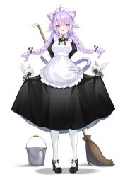  1girl animal_ears apron black_dress braid breasts broom cat_ears cat_girl cat_tail cococo_moru dress highres hololive large_breasts maid maid_headdress nekomata_okayu onigirya_(nekomata_okayu) simple_background solo_focus standing tail twin_braids virtual_youtuber white_apron white_background 