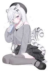  1girl :3 absurdres animal_ear_fluff animal_ears arm_support bare_shoulders black_bow black_hat black_shoes black_skirt blue_nails blush bow bra braid cellphone collarbone commentary crown_(symbol) ear_piercing frilled_skirt frills full_body grey_eyes grey_jacket hair_between_eyes hair_bow hair_ornament hand_up hat head_down highres holding holding_phone jacket jewelry kohaku_sogo light_blush long_hair long_sleeves looking_at_viewer midriff midriff_peek nail_polish necklace off-shoulder_jacket off_shoulder original phone piercing shoes short_braid simple_background single_braid sitting skirt sleeves_past_wrists smile solo spaghetti_strap star_(symbol) tail tail_bow tail_ornament thigh-highs thighs tiger_ears tiger_girl tiger_tail underwear untranslatable_commentary wariza white_background white_hair zettai_ryouiki 