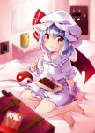  1girl barefoot bat_wings blue_hair eating food food_on_face hat hat_ribbon kedama_milk looking_at_viewer mob_cap on_bed pointy_ears puffy_sleeves red_eyes remilia_scarlet ribbon shirt short_hair short_sleeves sitting skirt skirt_set solo takoyaki touhou vest wings wrist_cuffs yin_yang 