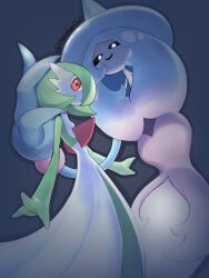  artist_name black_sclera colored_sclera colored_skin commentary_request dress gardevoir gradient_hair green_skin grey_background hakofuguowo hatterene highres looking_at_viewer multicolored_hair multicolored_skin pokemon pokemon_(creature) prehensile_hair red_eyes simple_background smirk two-tone_skin white_dress white_skin 