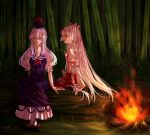  2girls arm_support bamboo bamboo_forest bow campfire closed_eyes collared_shirt dress fire forest fujiwara_no_mokou hair_bow hat highres kamishirasawa_keine log long_hair multiple_girls nature profile shoes sitting smile suspenders tansuan_zhanshi touhou very_long_hair white_hair 