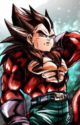  1boy abs absurdres aquiline_nose body_fur commentary_request dragon_ball dragon_ball_gt highres long_hair looking_at_viewer male_focus monkey_boy monkey_tail muscular muscular_male nose open_mouth pants pectorals red_fur simple_background solo spiky_hair super_saiyan super_saiyan_4 tail teeth vegeta yuuri_(fukuroudou) 